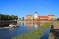 The city landscape, the tourist boat floats down the river Pregolya to the Fish village in Kaliningrad